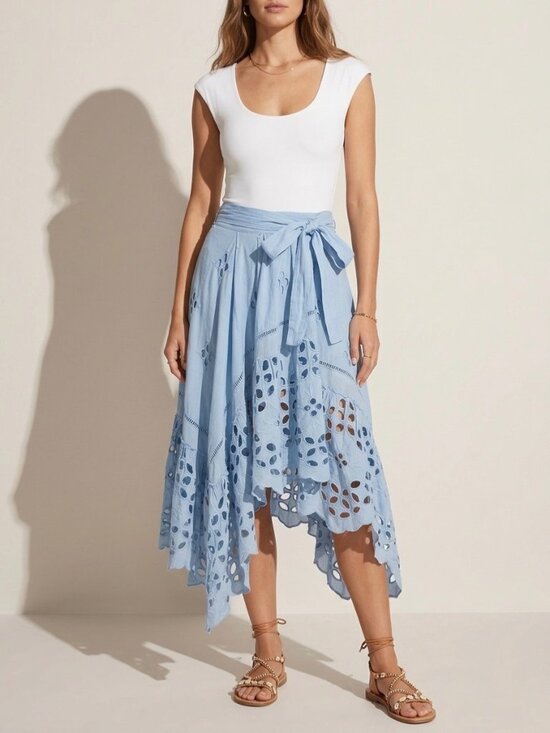 Free People Dresses & Skirts - Free People Blue Eyelet Tie Waist Midi Wrap Skirt L | Coastal Boho Cottagecore